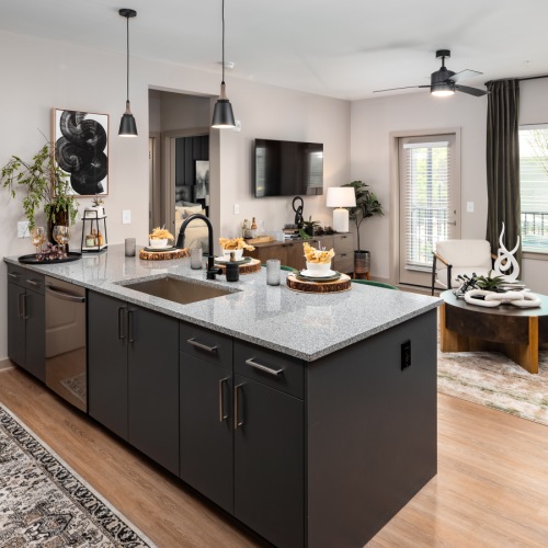 Luxury kitchen with breakfast bar at Ava Oakwood apartment complex in Gainesville	 Luxury kitchen with breakfast bar at Ava Oakwood apartment complex in Gainesville